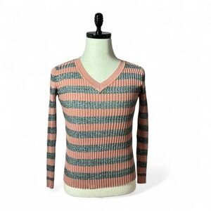 The Slope Brooklyn NY Striped Ribbed V Neck Long Sleeve‎ Top